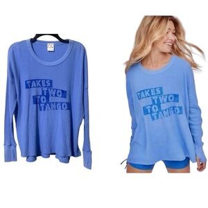 Aerie Waffle Knit Takes Two To Tango Thermal Top Blue Long Sleeve Size Small